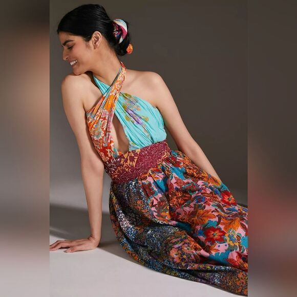 Love The Label Anthropologie Ivy Printed Patchwork Halter Maxi Dress Size XS NWT - Picture 4 of 12